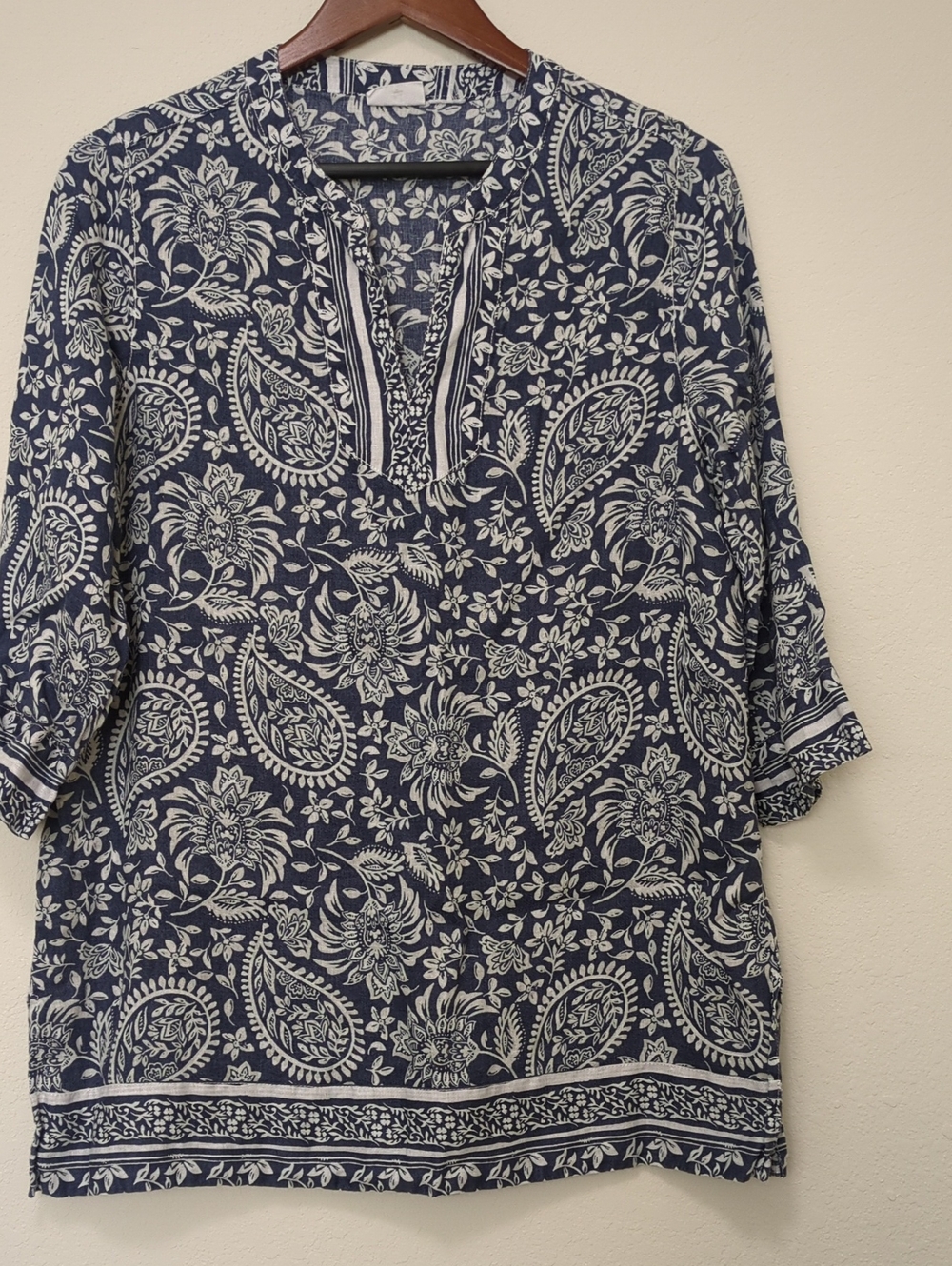 Sigrid Olsen Navy and White Paisley Split-Neck Tunic